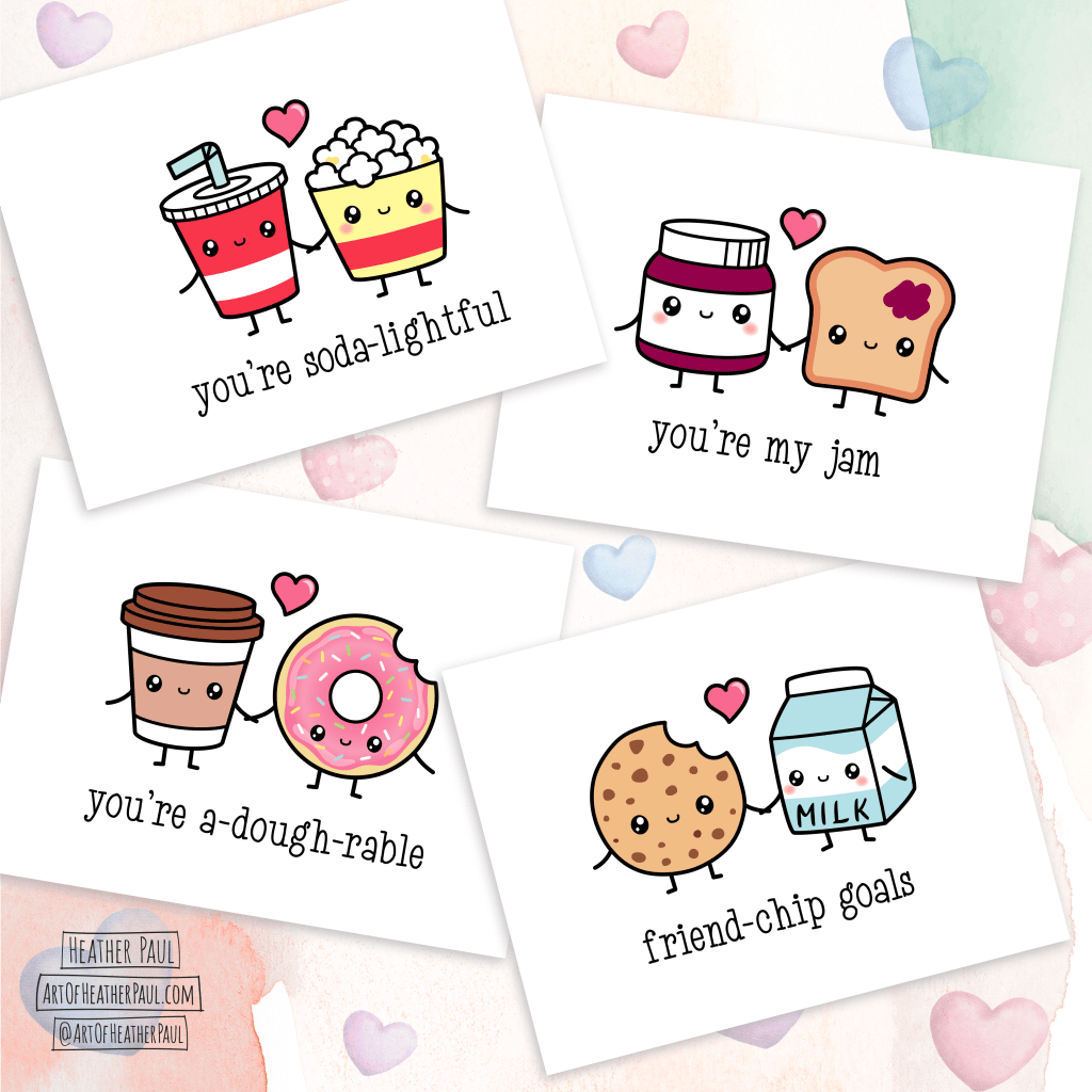 Illustrations of food couples in kawaii style. Featuring a soda and popcorn, jam and toast, coffee and a donut, and a chocolate chip cookie and milk.