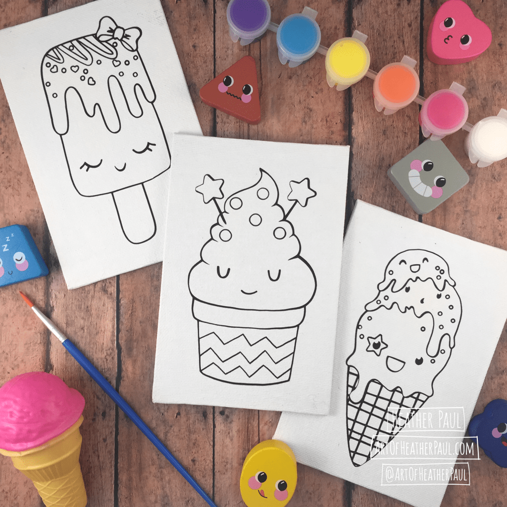 Image: Three small canvases featuring kawaii style sweet treats. Surrounding the canvases are various toys, a paint brush, and paint pods.